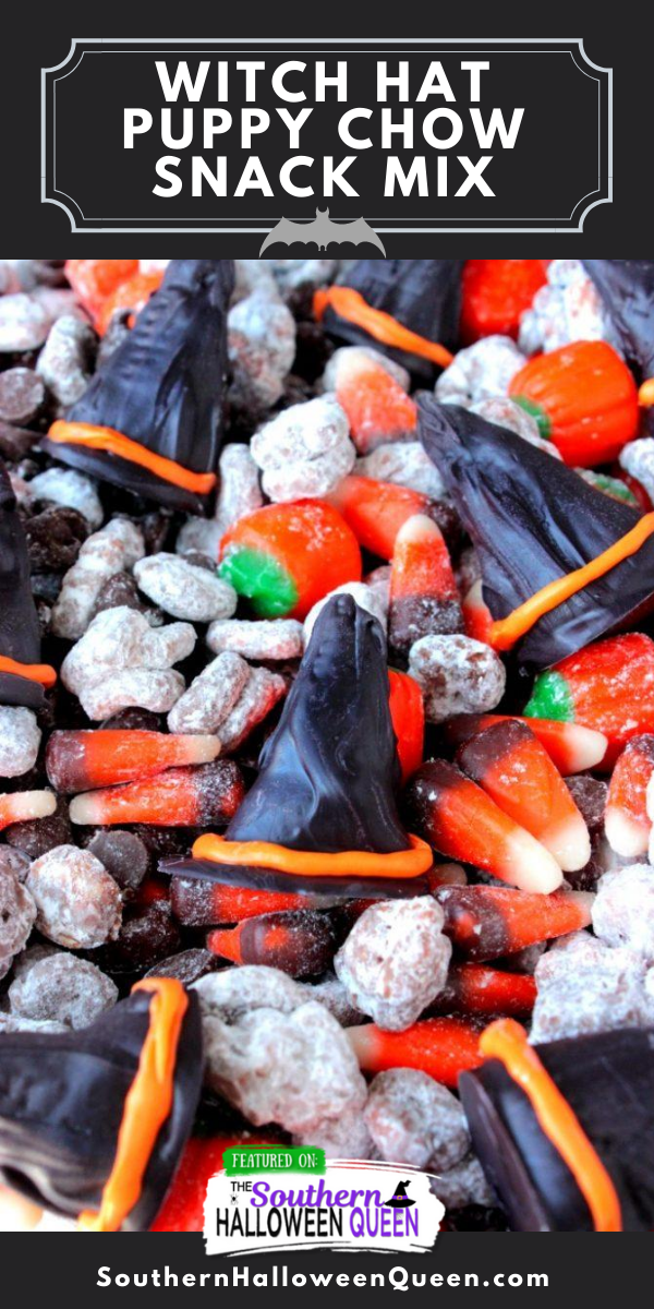 Share this spooky snack with the Halloween witches in your life! This Witch Hat Puppy Chow Snack is packed with Halloween cereal, candy and chocolate witch hats!

 via @southernhalloweenqueen